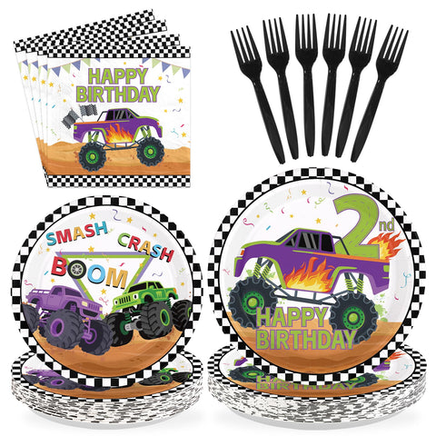 96 Pcs Truck 2nd Birthday Party Plates and Napkins - Grencian