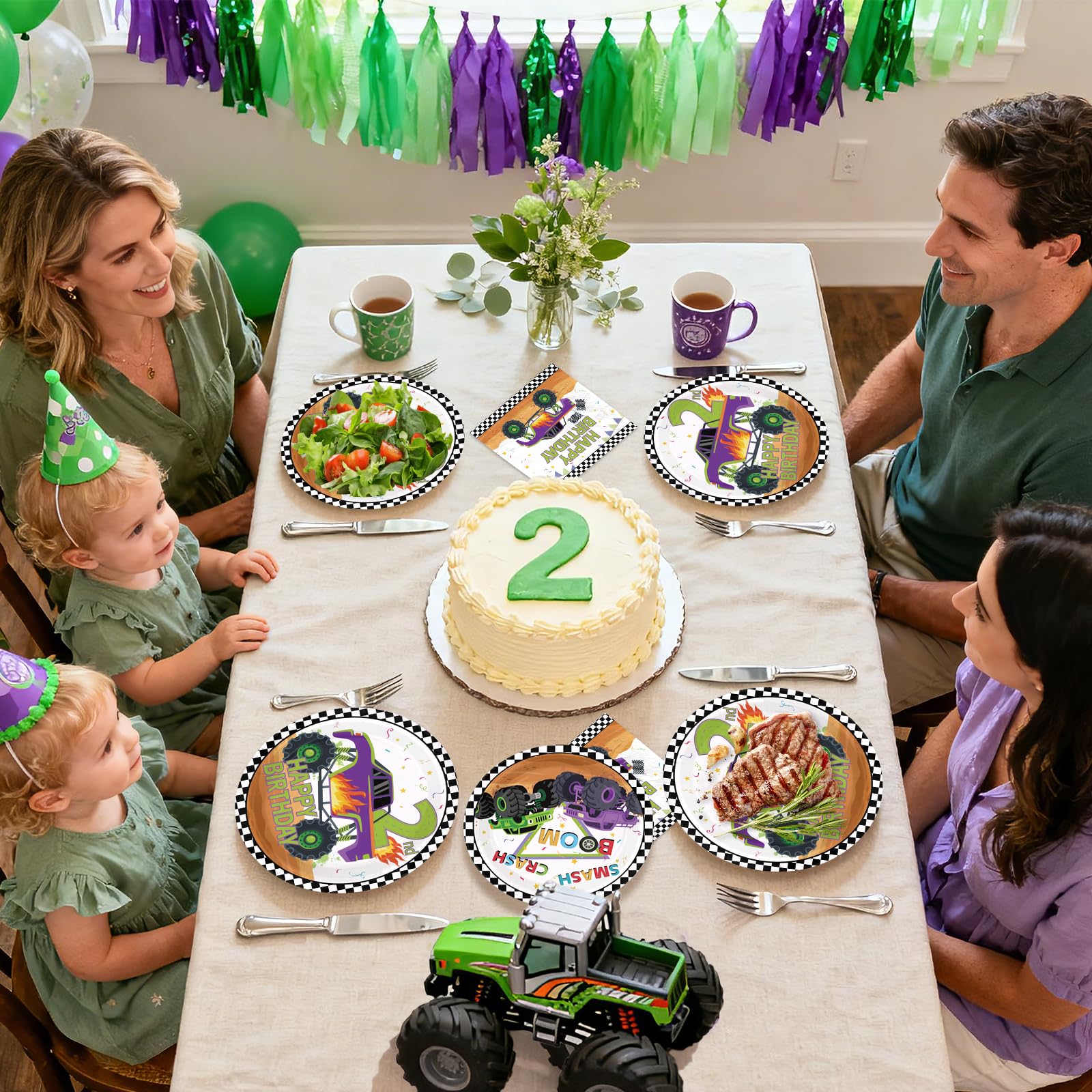 96 Pcs Truck 2nd Birthday Party Plates and Napkins - Grencian