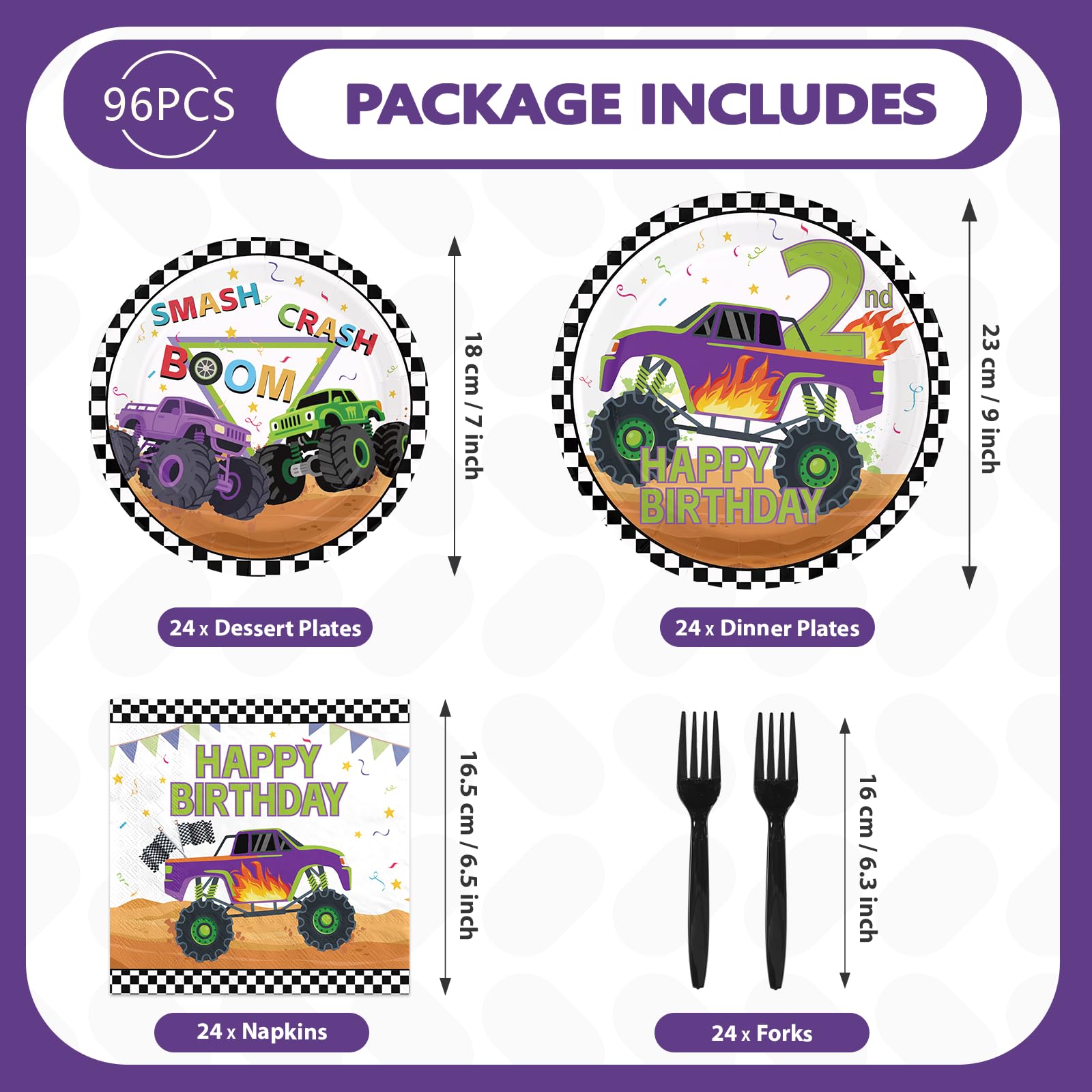 96 Pcs Truck 2nd Birthday Party Plates and Napkins - Grencian