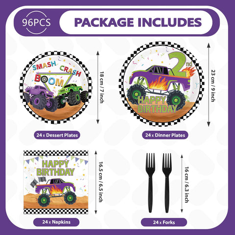 96 Pcs Truck 2nd Birthday Party Plates and Napkins - Grencian