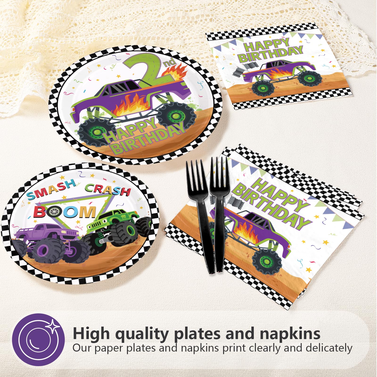 96 Pcs Truck 2nd Birthday Party Plates and Napkins - Grencian