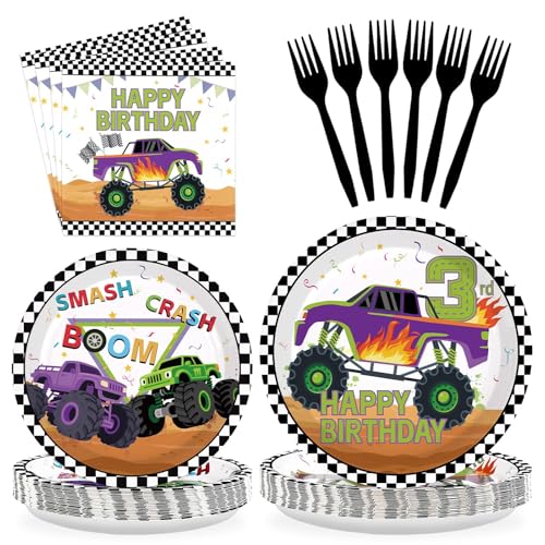 96 Pcs Truck 3rd Birthday Party Plates and Napkins - Grencian