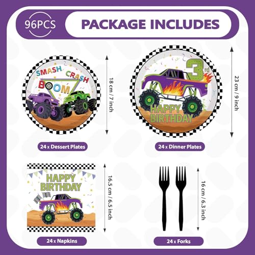 96 Pcs Truck 3rd Birthday Party Plates and Napkins - Grencian