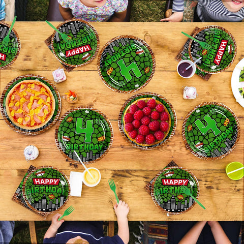 96 Pcs Turtle 4th Birthday Party Plates and Napkins - Grencian