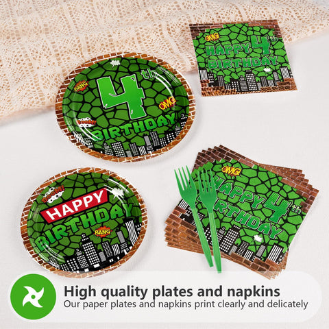 96 Pcs Turtle 4th Birthday Party Plates and Napkins - Grencian