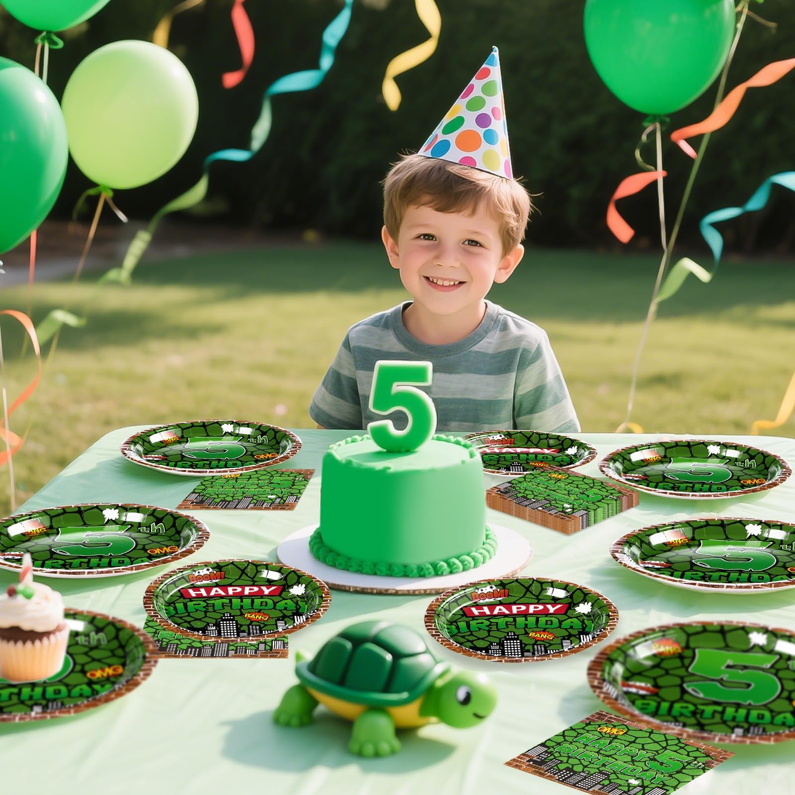 96 Pcs Turtle 5th Birthday Party Plates and Napkins - Grencian