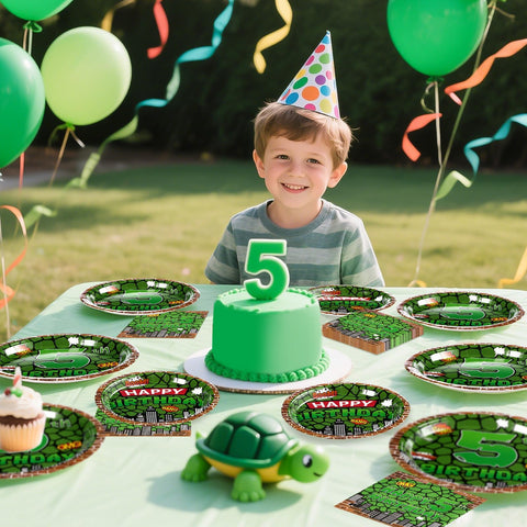 96 Pcs Turtle 5th Birthday Party Plates and Napkins - Grencian