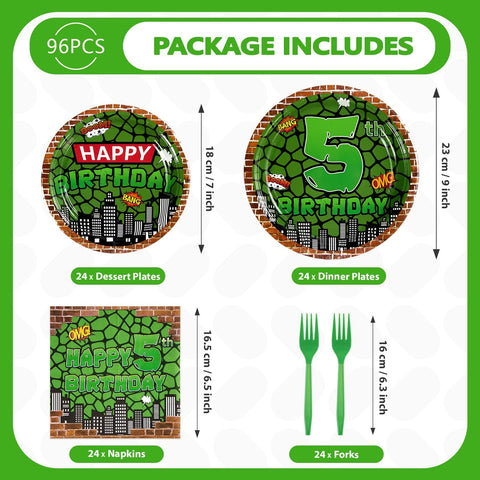 96 Pcs Turtle 5th Birthday Party Plates and Napkins - Grencian