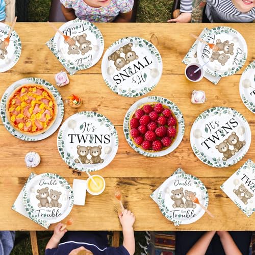 96 Pcs Twin Bear Baby Shower Party Plates and Napkins - Grencian