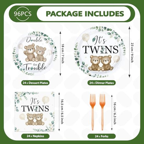 96 Pcs Twin Bear Baby Shower Party Plates and Napkins - Grencian