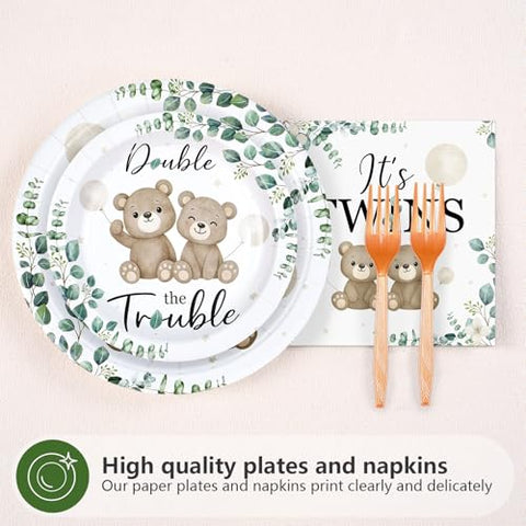 96 Pcs Twin Bear Baby Shower Party Plates and Napkins - Grencian