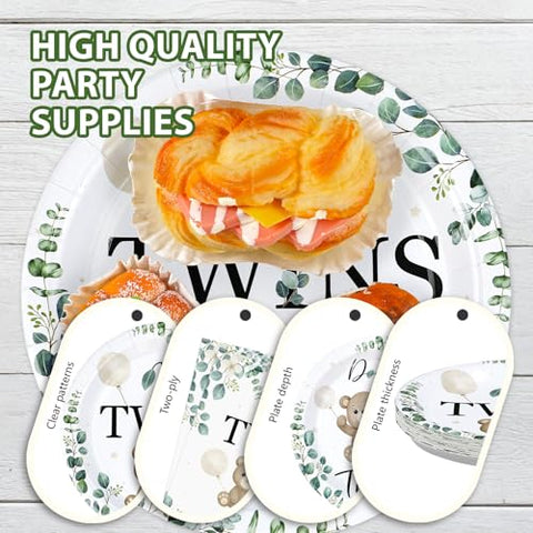 96 Pcs Twin Bear Baby Shower Party Plates and Napkins - Grencian