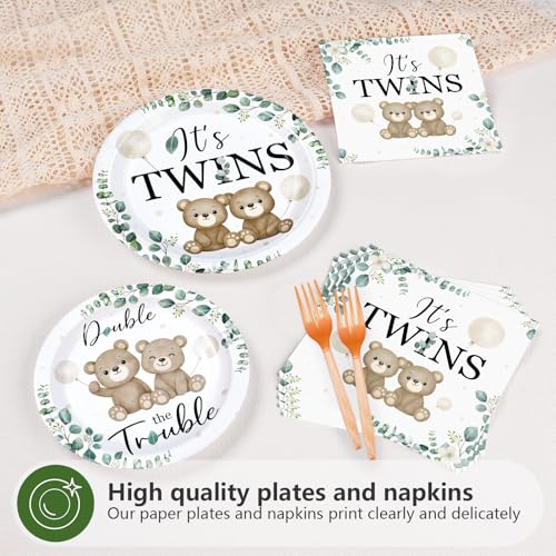 96 Pcs Twin Bear Baby Shower Party Plates and Napkins - Grencian