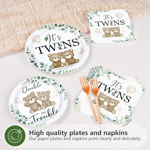 96 Pcs Twin Bear Baby Shower Party Plates and Napkins - Grencian