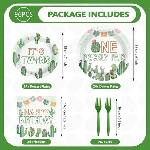 96 Pcs Twin Cactus Baby Shower Party Plates and Napkins - Grencian