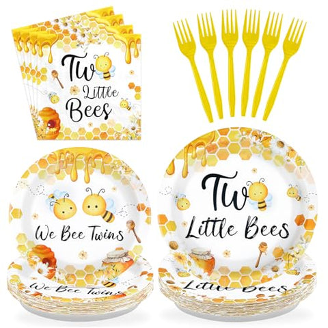 96 Pcs Twin Little Bees Party Plates and Napkins - Grencian