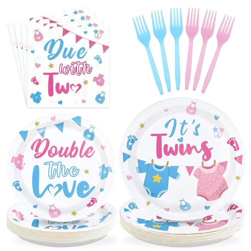 96 Pcs Twins Baby Shower Party Plates and Napkins - Grencian