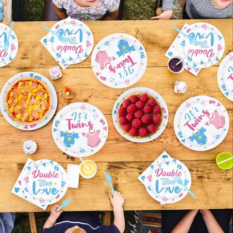96 Pcs Twins Baby Shower Party Plates and Napkins - Grencian