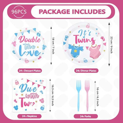 96 Pcs Twins Baby Shower Party Plates and Napkins - Grencian