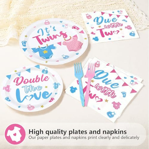 96 Pcs Twins Baby Shower Party Plates and Napkins - Grencian