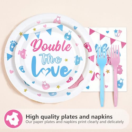 96 Pcs Twins Baby Shower Party Plates and Napkins - Grencian