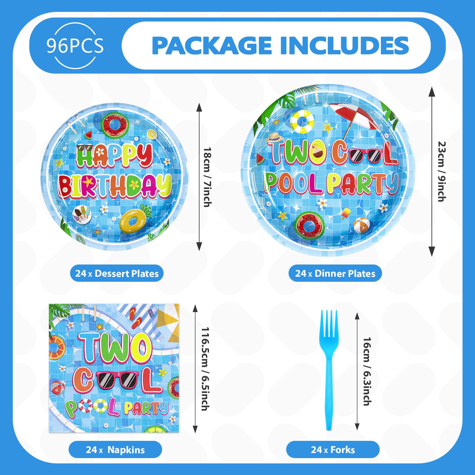 96 Pcs Two Cool Pool Birthday Party Plates and Napkins - Grencian