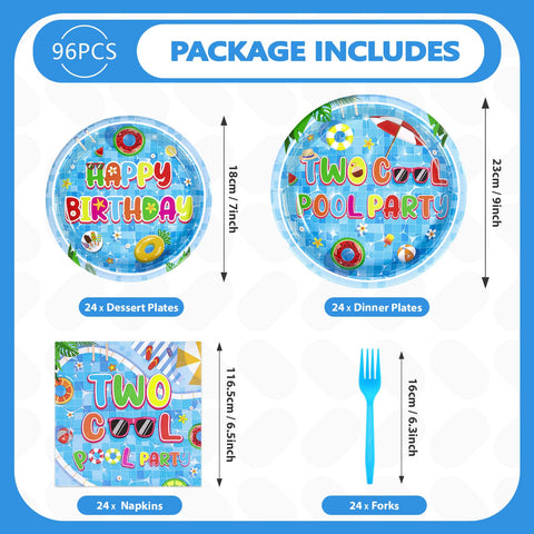 96 Pcs Two Cool Pool Birthday Party Plates and Napkins - Grencian