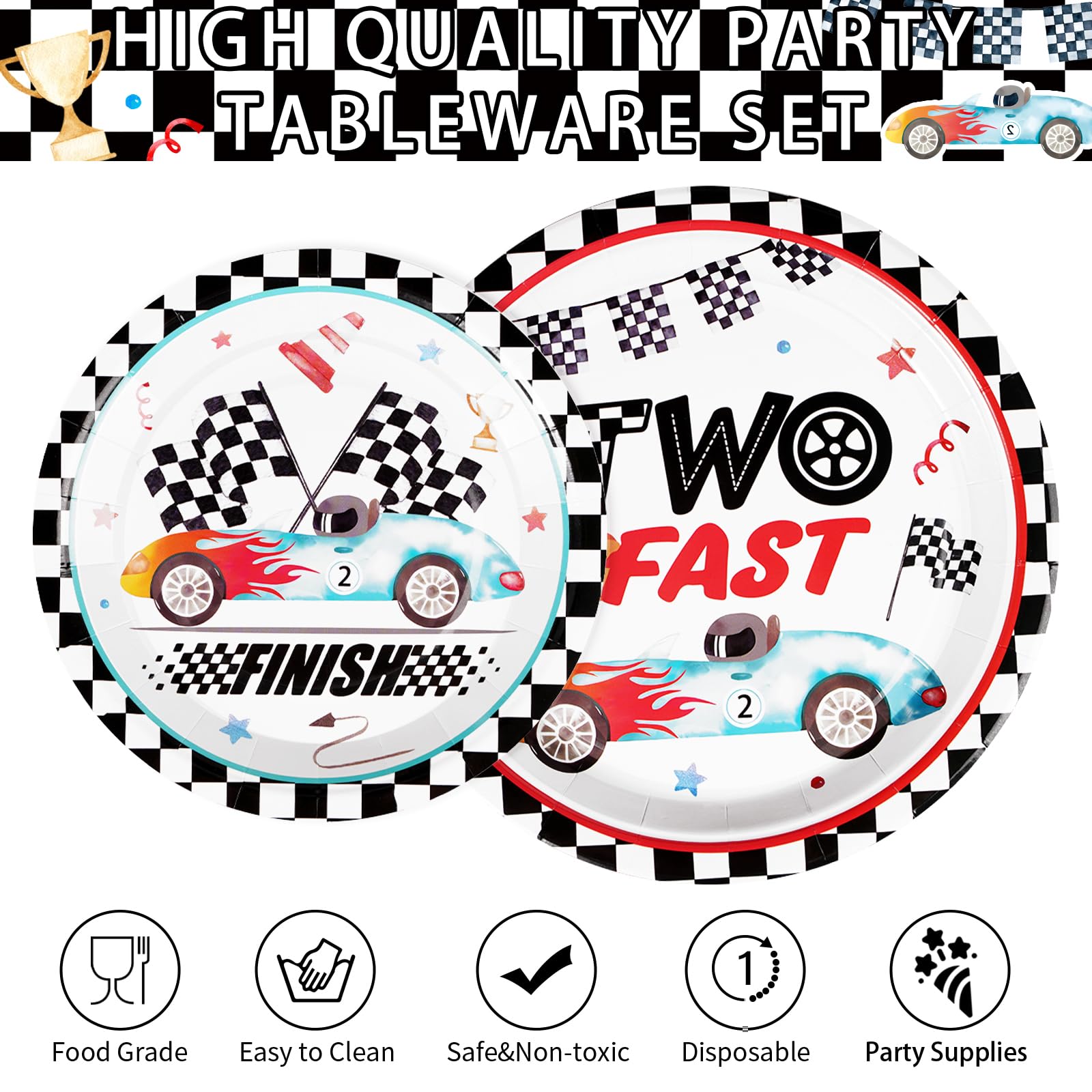 96 Pcs Two Fast Birthday Party Plates and Napkins - Grencian