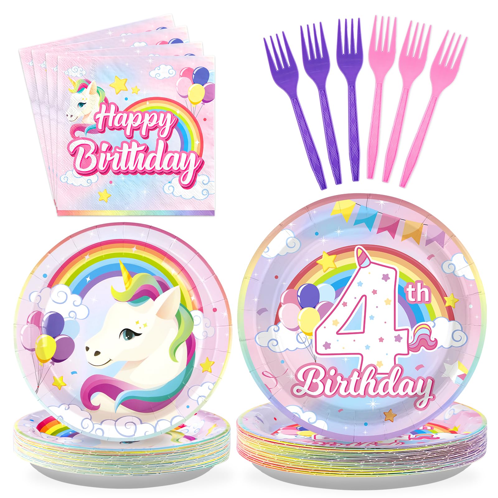 96 Pcs Unicorn 4th Birthday Party Plates and Napkins - Grencian