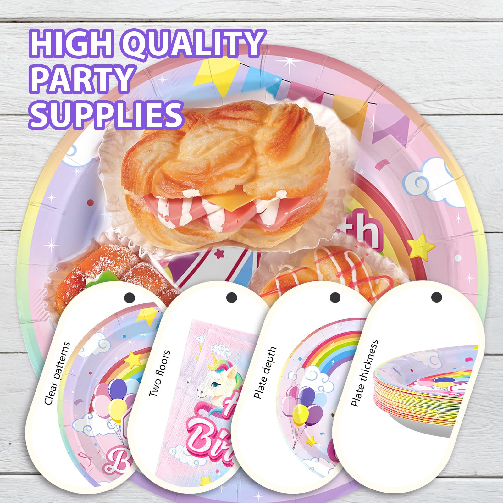 96 Pcs Unicorn 4th Birthday Party Plates and Napkins - Grencian