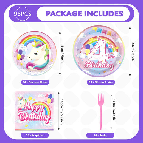 96 Pcs Unicorn 4th Birthday Party Plates and Napkins - Grencian