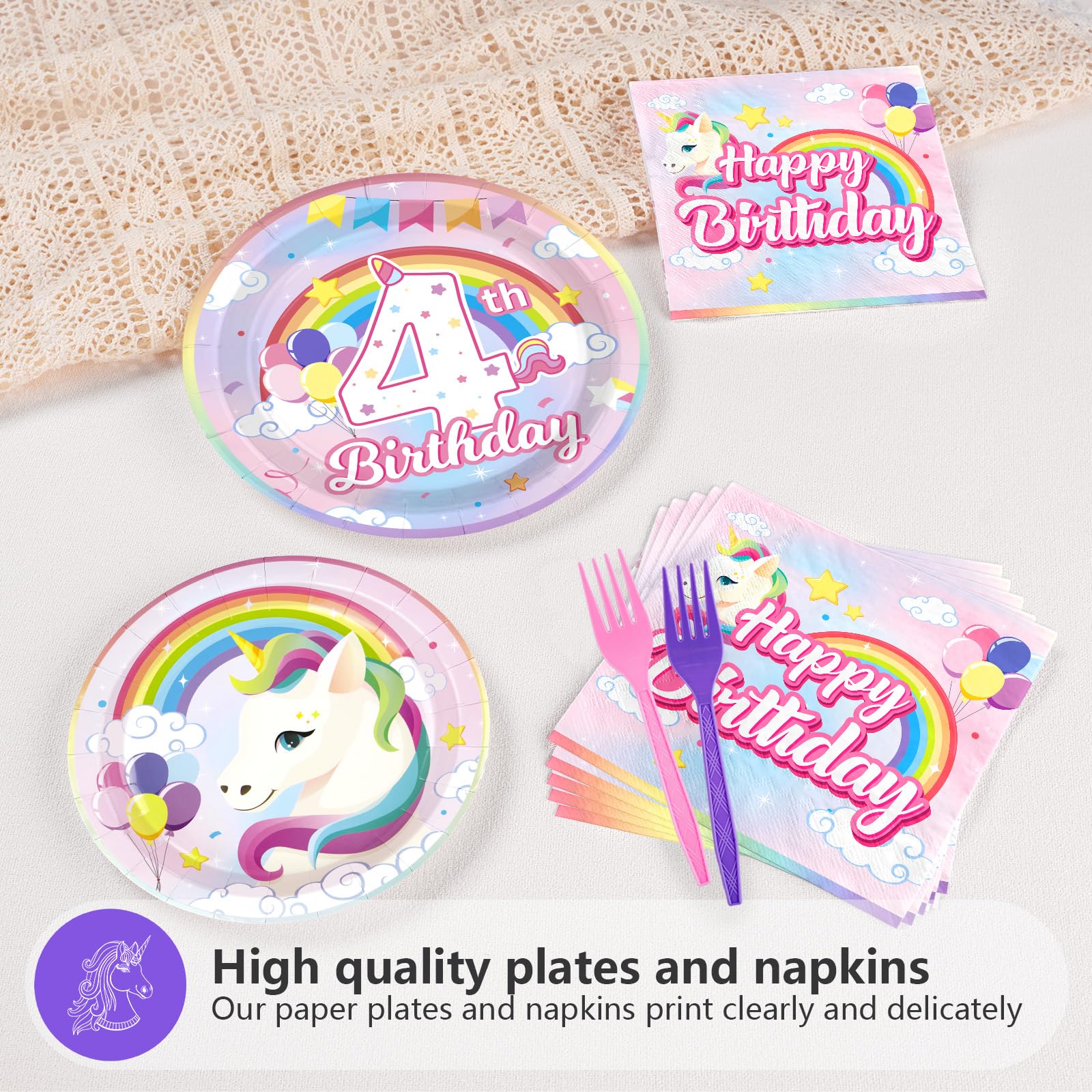96 Pcs Unicorn 4th Birthday Party Plates and Napkins - Grencian