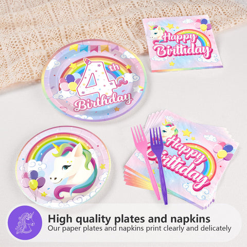 96 Pcs Unicorn 4th Birthday Party Plates and Napkins - Grencian
