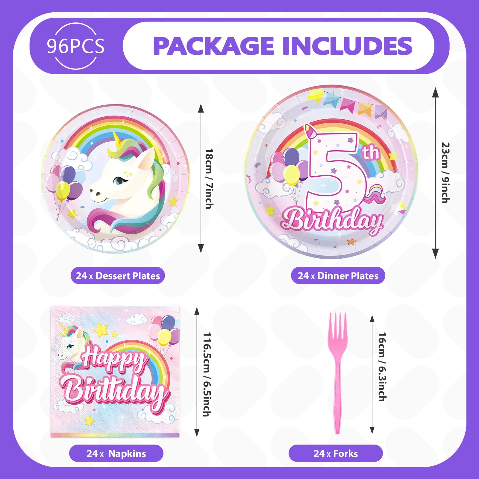 96 Pcs Unicorn 5th Birthday Party Plates and Napkins - Grencian