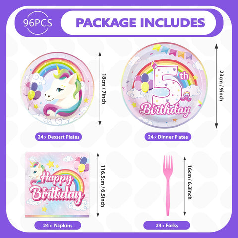 96 Pcs Unicorn 5th Birthday Party Plates and Napkins - Grencian
