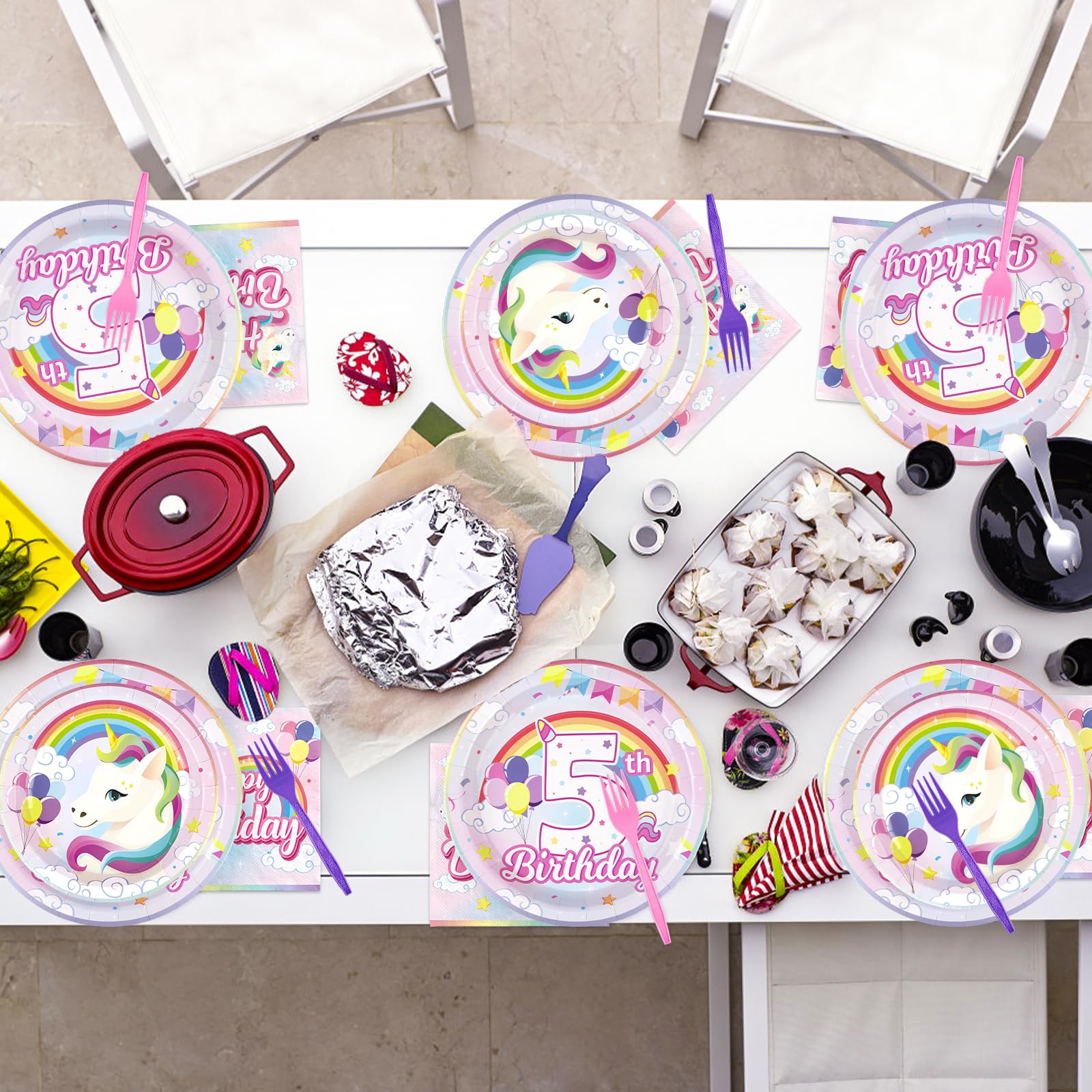 96 Pcs Unicorn 5th Birthday Party Plates and Napkins - Grencian