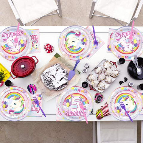 96 Pcs Unicorn 5th Birthday Party Plates and Napkins - Grencian