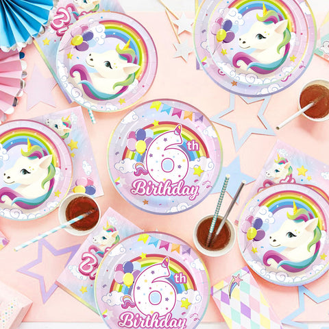 96 Pcs Unicorn 6th Birthday Party Plates and Napkins - Grencian