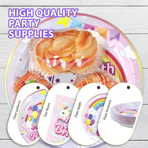 96 Pcs Unicorn 6th Birthday Party Plates and Napkins - Grencian