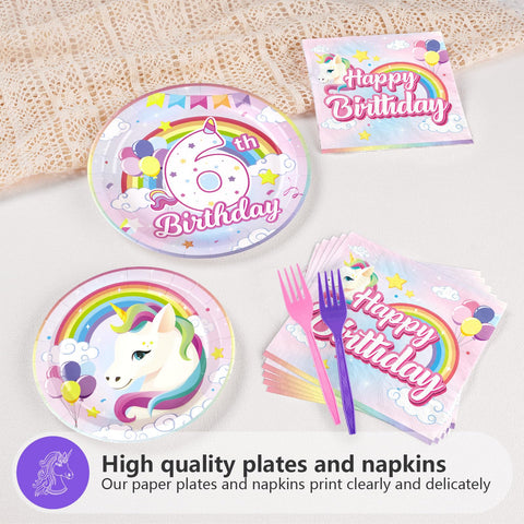 96 Pcs Unicorn 6th Birthday Party Plates and Napkins - Grencian