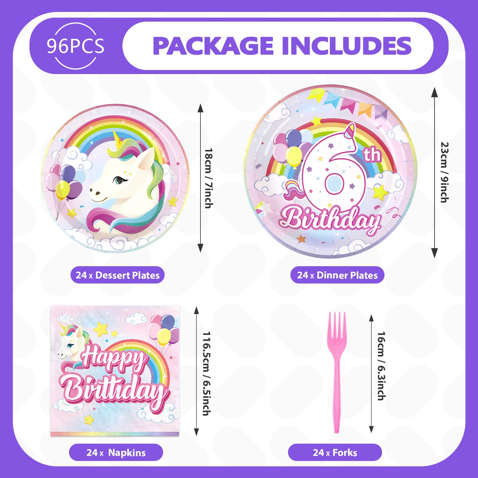 96 Pcs Unicorn 6th Birthday Party Plates and Napkins - Grencian
