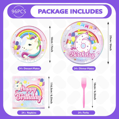 96 Pcs Unicorn 6th Birthday Party Plates and Napkins - Grencian