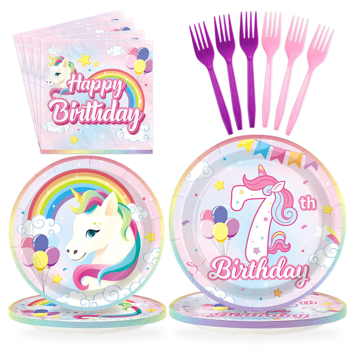96 Pcs Unicorn 7th Birthday Party Plates and Napkins - Grencian