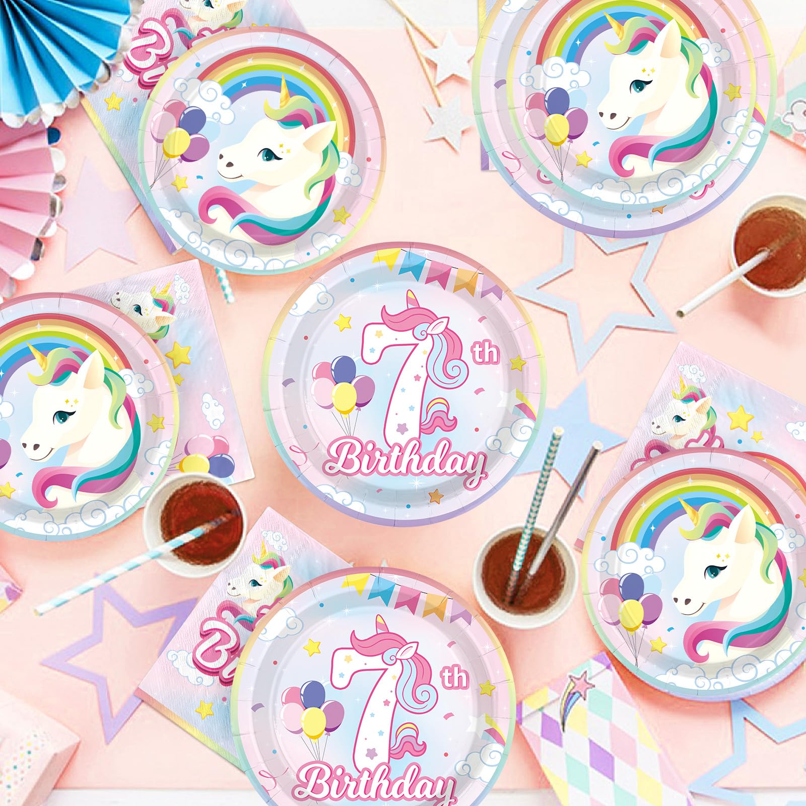 96 Pcs Unicorn 7th Birthday Party Plates and Napkins - Grencian