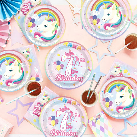 96 Pcs Unicorn 7th Birthday Party Plates and Napkins - Grencian