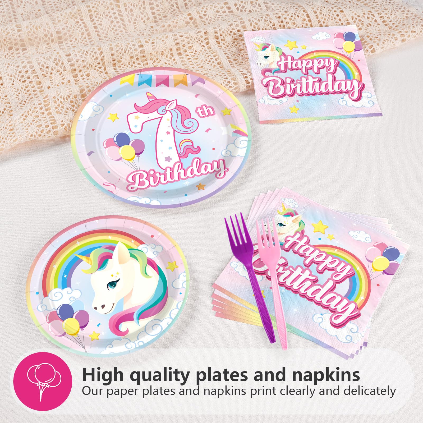 96 Pcs Unicorn 7th Birthday Party Plates and Napkins - Grencian