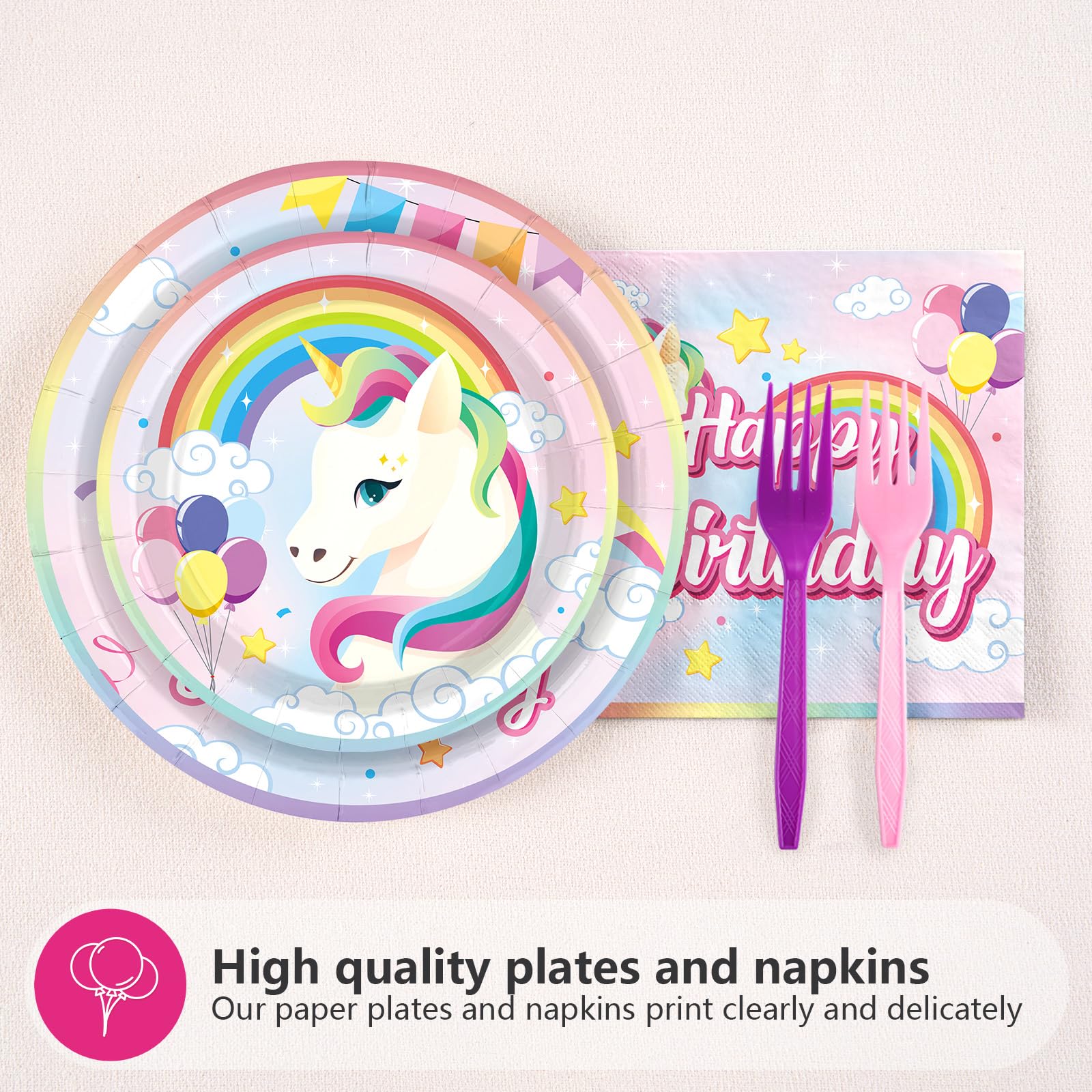 96 Pcs Unicorn 7th Birthday Party Plates and Napkins - Grencian