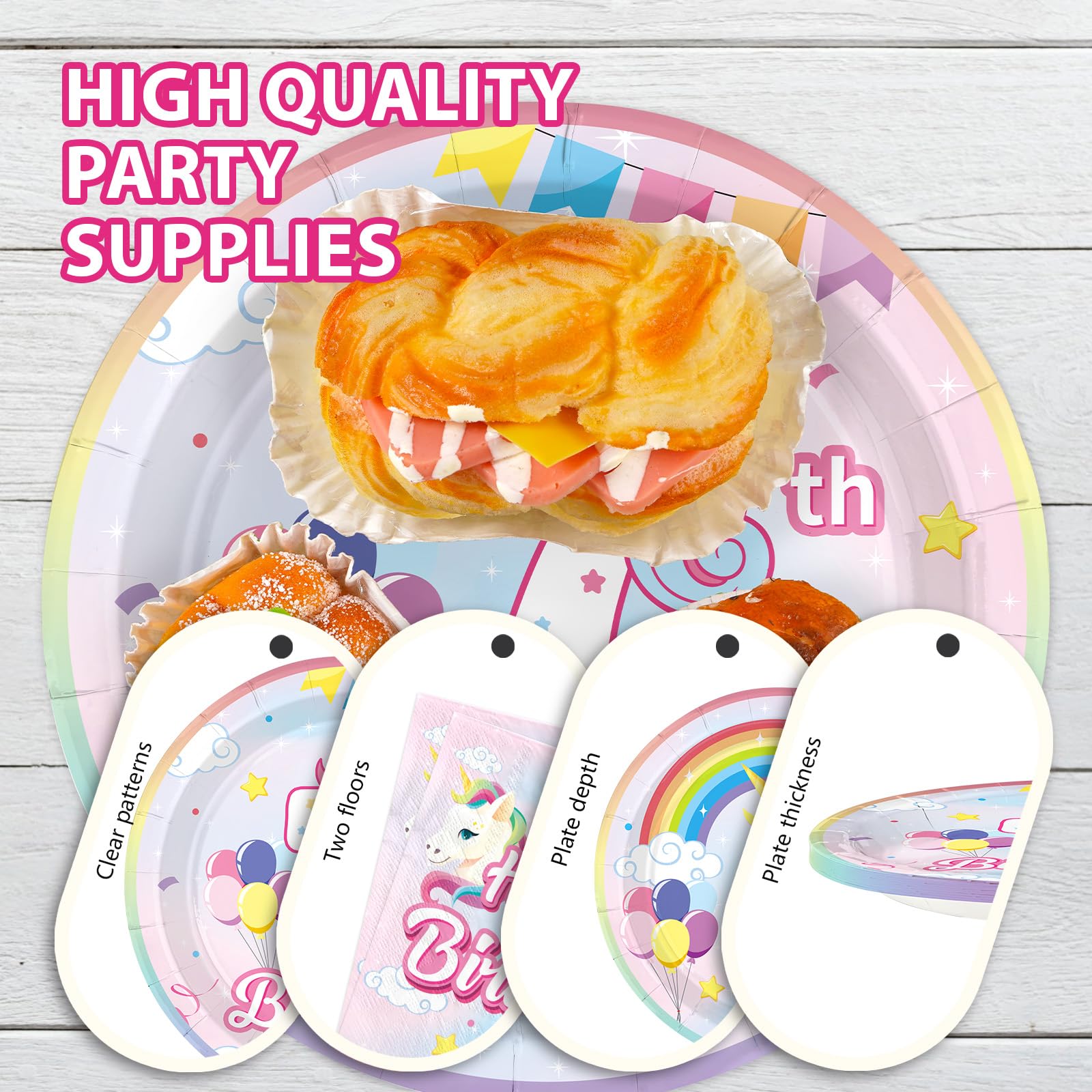 96 Pcs Unicorn 7th Birthday Party Plates and Napkins - Grencian