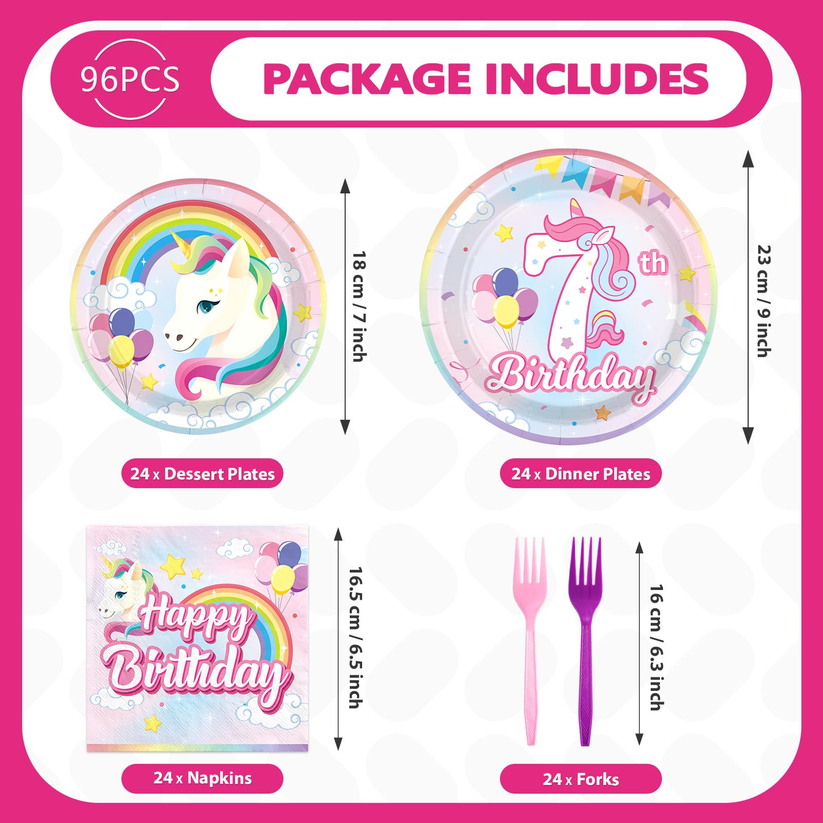 96 Pcs Unicorn 7th Birthday Party Plates and Napkins - Grencian