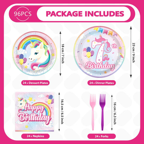 96 Pcs Unicorn 7th Birthday Party Plates and Napkins - Grencian